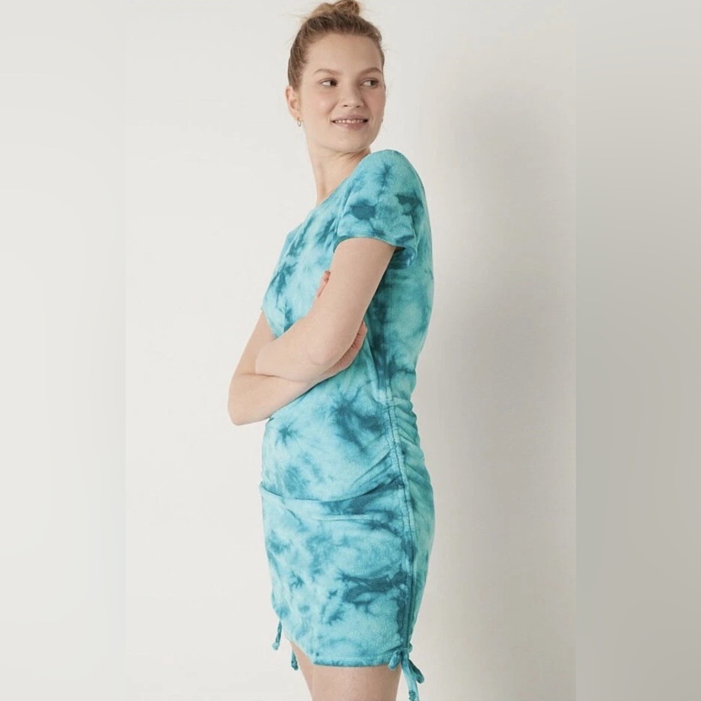 Victoria's Secret PINK Blue Tie Dye Terry Cloth Ruched Swim Cover Up - size S